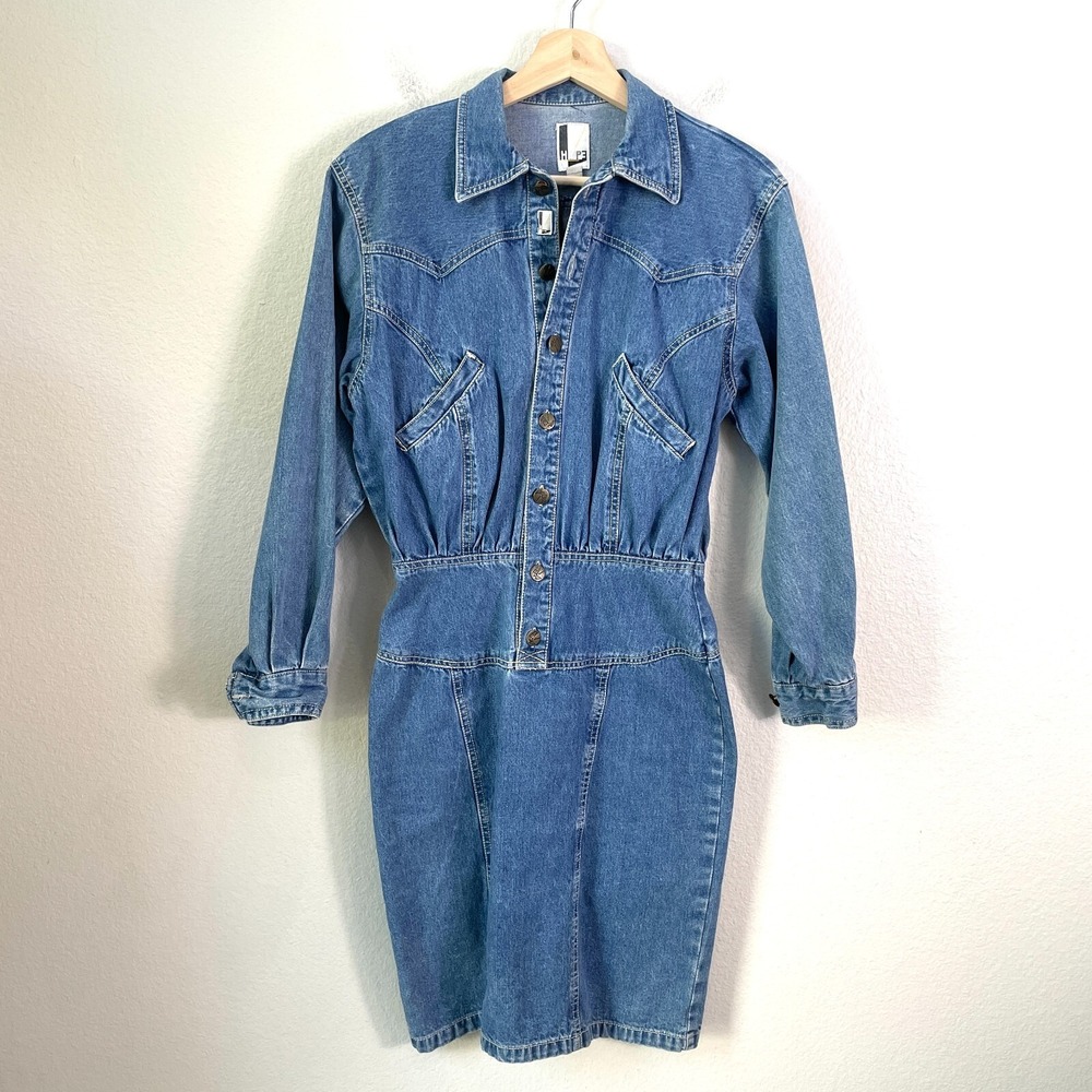 Vintage HYPE Womens Small Denim Button Front Dress Long Sleeve Mini Long‎ Sleeve